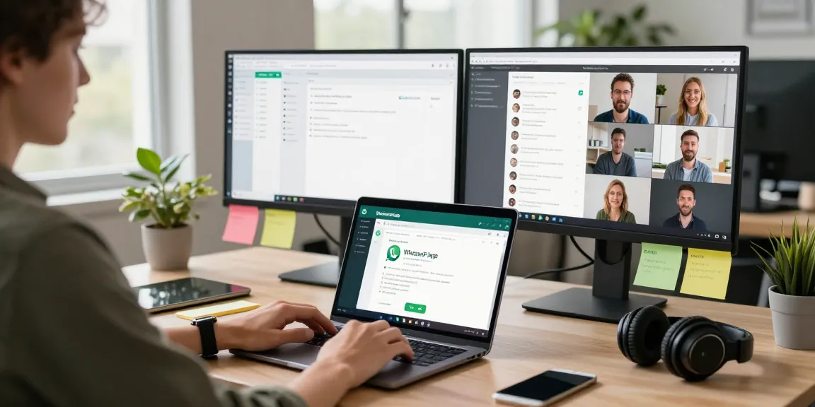 Person using WhatsApp網頁版 on laptop in a modern workspace with dual monitors.