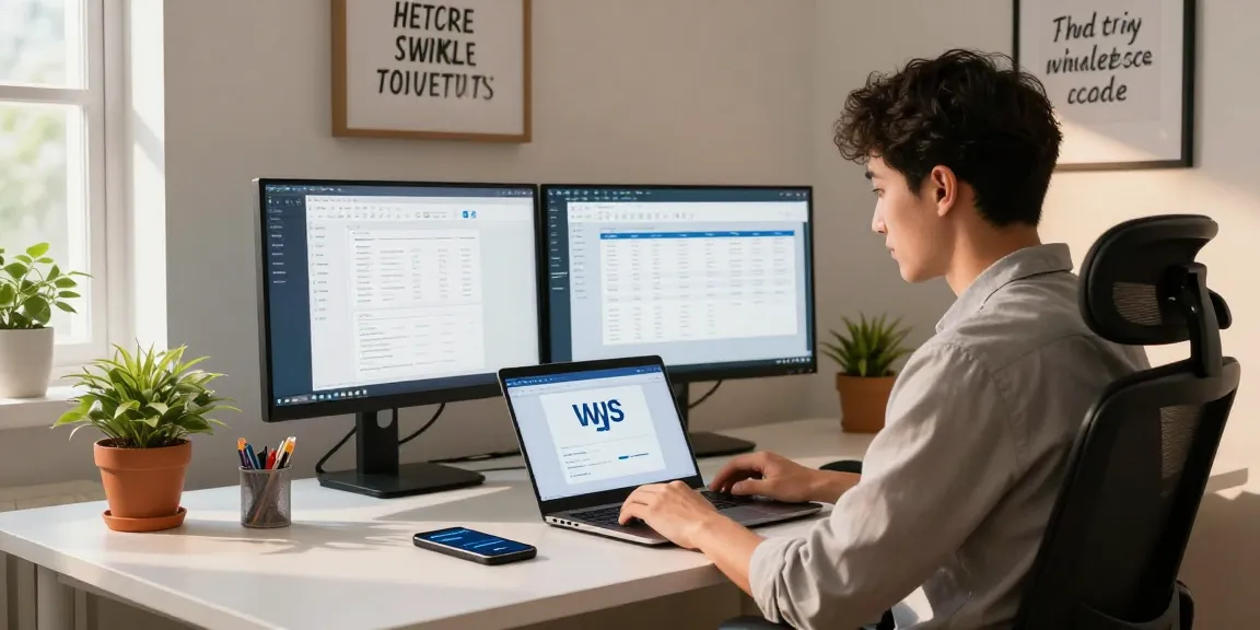 Downloading WPS Office in a modern home office with dual monitors and productivity elements.