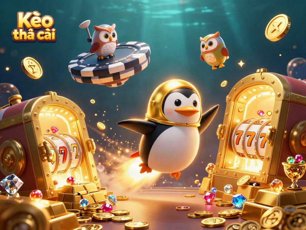 Kèo nhà cái showcases a dynamic scene with a golden penguin navigating a vibrant casino-themed space, enriched with treasures.