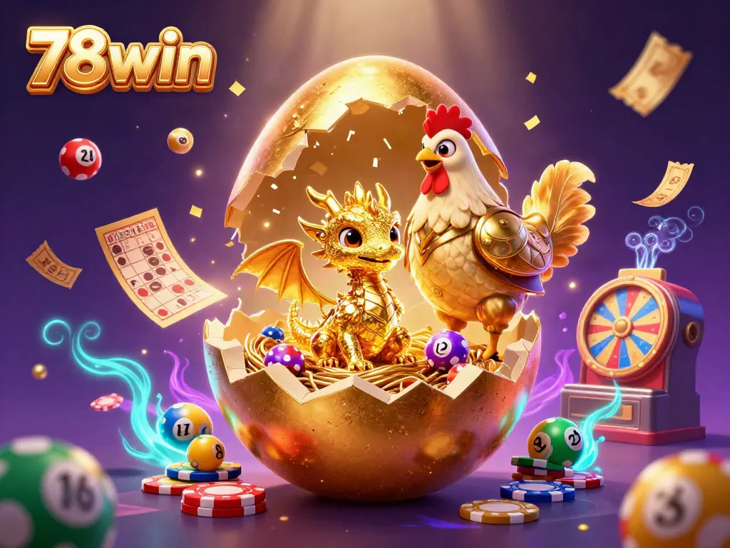 Experience the thrill of gaming with 78win's radiant golden dragon, chips, and festive lottery elements.