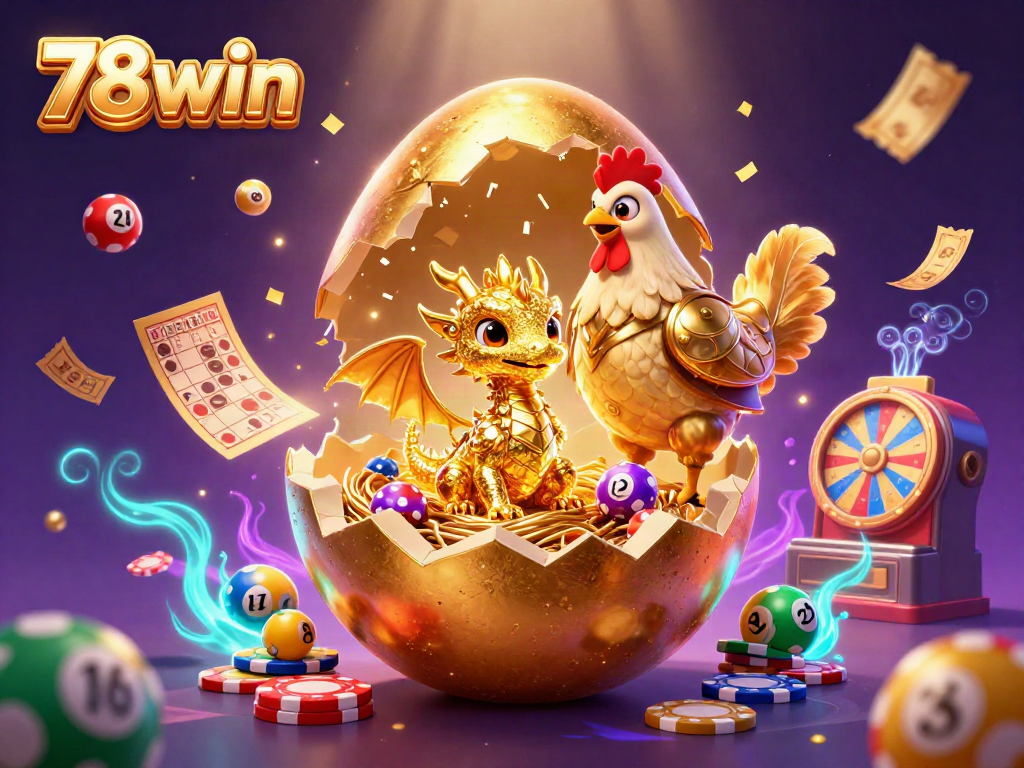 Experience the thrill of gaming with 78win's radiant golden dragon, chips, and festive lottery elements.
