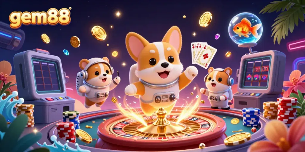 Join the excitement at gem88 with playful characters enjoying a floating casino atmosphere.