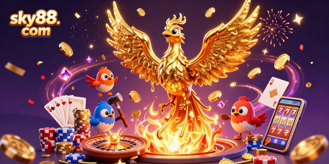 Experience thrilling casino action at sky88. com with a captivating scene of golden phoenix and rich game elements.