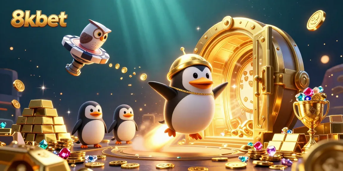 Experience 8kbet's thrilling gaming adventure with a golden penguin and dazzling treasures in space.