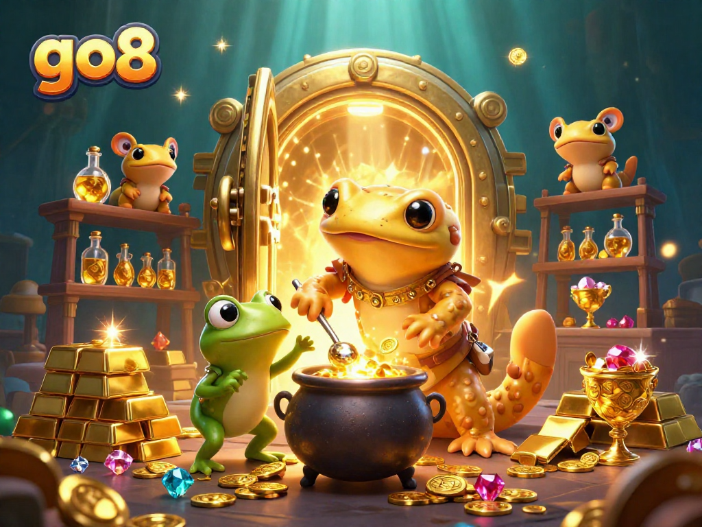 Experience the magic of go8 with a golden alchemist turning metals into treasures in this vibrant casino scene.