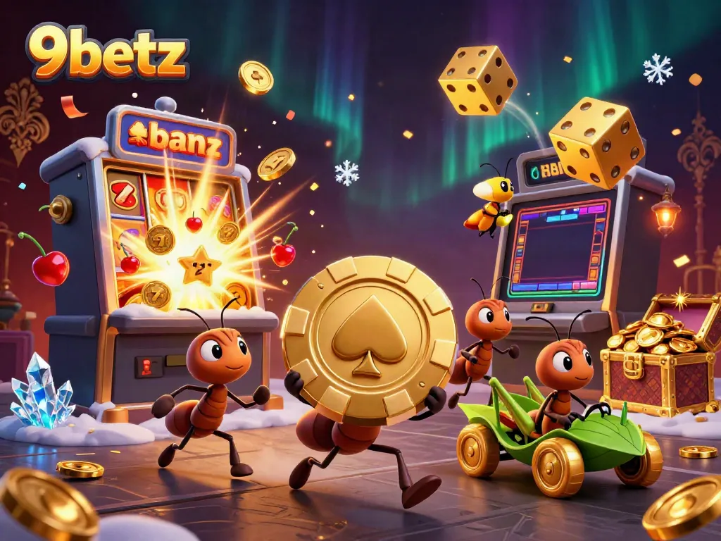 Experience the thrill of 9betz with animated ants heisting a giant poker chip amidst casino excitement.