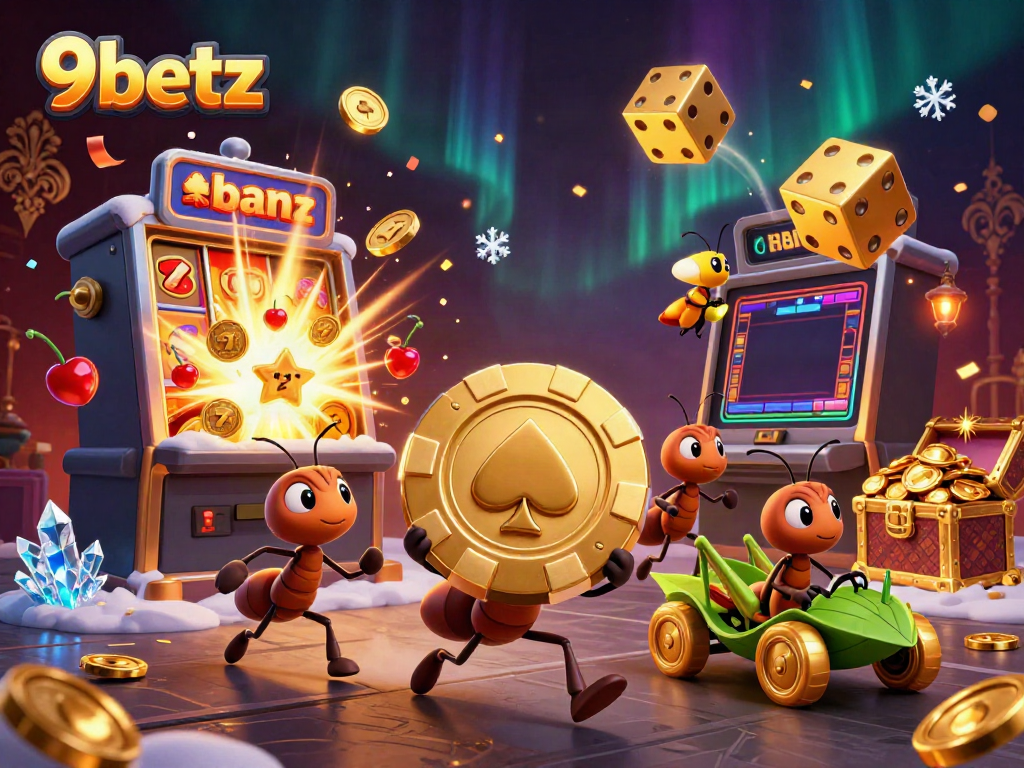 Experience the thrill of 9betz with animated ants heisting a giant poker chip amidst casino excitement.