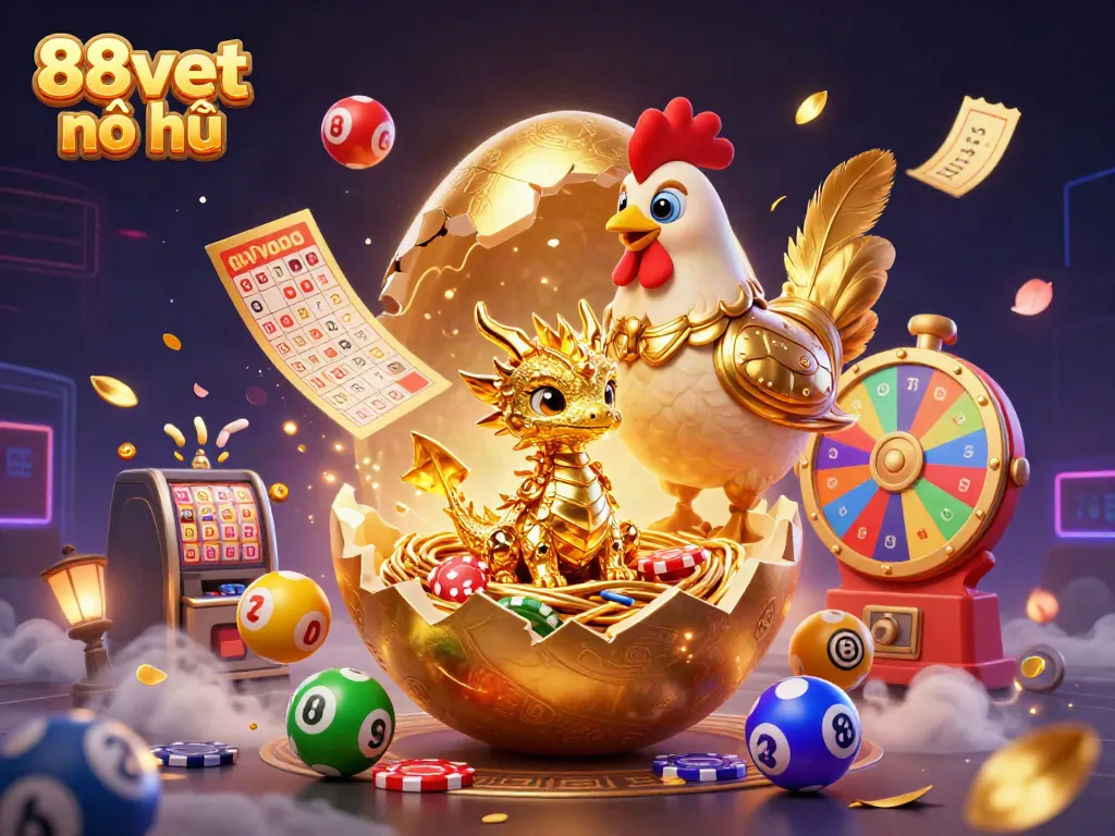 Engage with exhilarating 88vbet nổ hũ dynamic scene featuring a golden dragon, poker chips, and lottery elements.