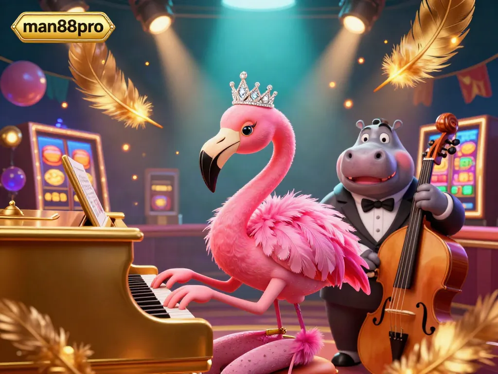Engage with the vibrant casino ambiance of man88pro, featuring a flamboyant flamingo singer at the piano.