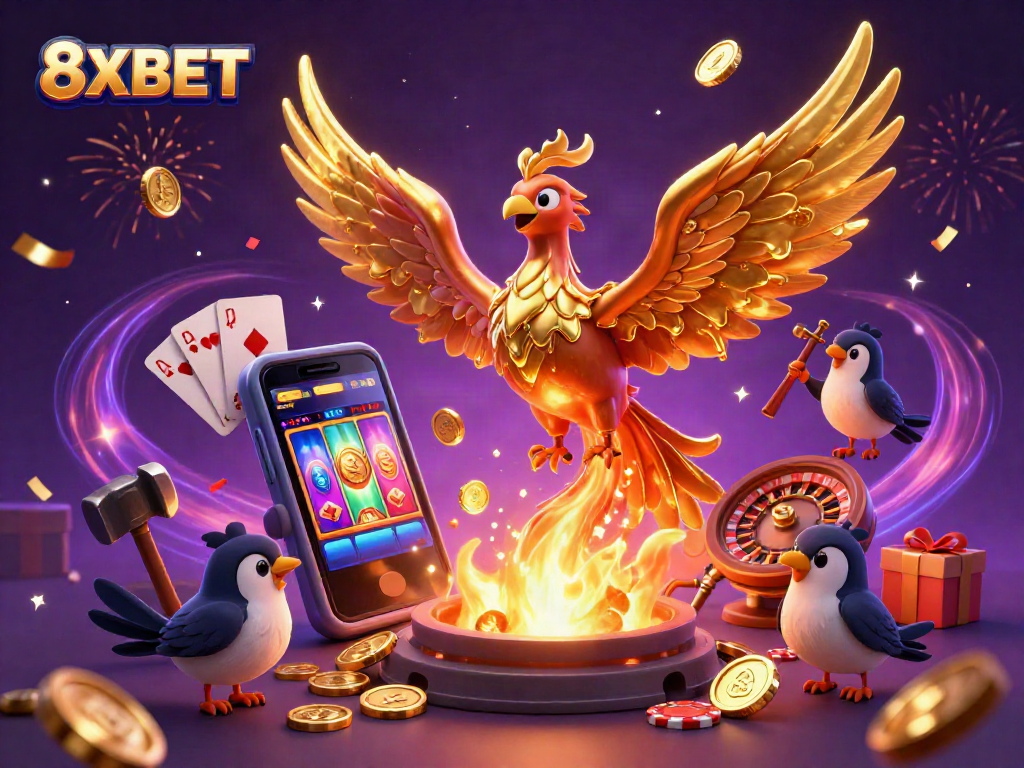 Experience the magic of 8XBET with a golden phoenix emerging as coins rain down, showcasing an exciting casino atmosphere.