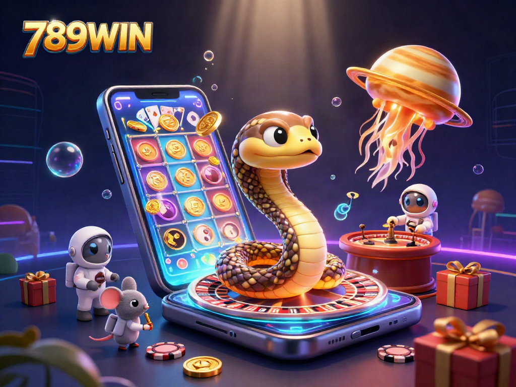 Engage in thrilling bets at 789WIN with astronaut mice and a cosmic dealer amidst vibrant slot games.