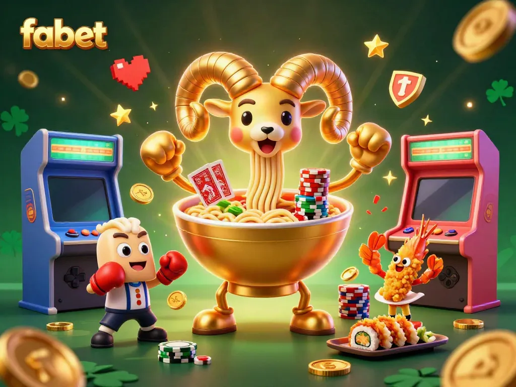 Fabet showcases an engaging casino scene with a giant ramen bowl character dealing cards and stacking chips.