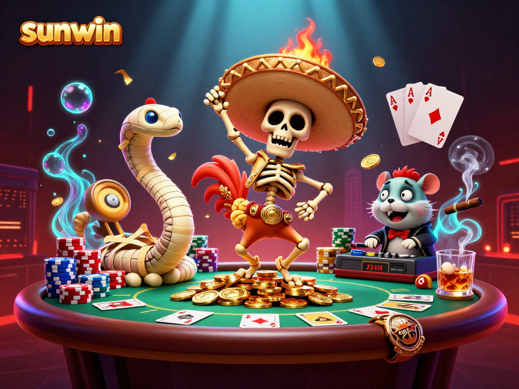 Join the fun with sunwin featuring a mariachi rooster, mummy snake, and zombie DJ in a colorful casino scene.