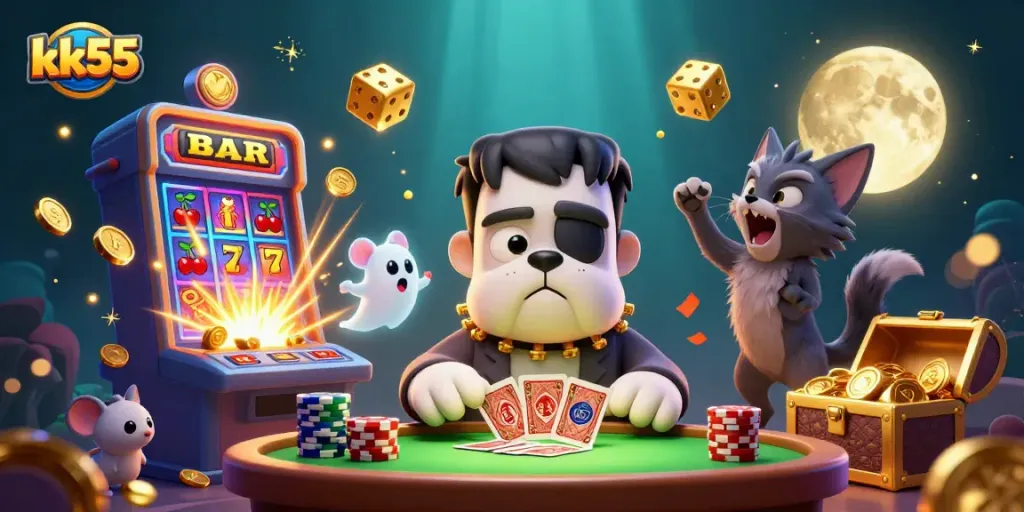 kk55 showcases a 3D cartoon bulldog dealer and engaging casino elements, creating a fun gambling atmosphere.