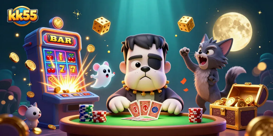 kk55 showcases a 3D cartoon bulldog dealer and engaging casino elements, creating a fun gambling atmosphere.