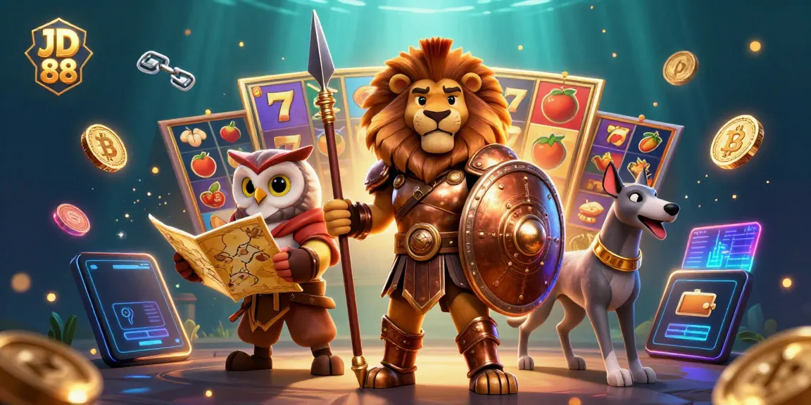 Play slots and win at JD 88 with a vibrant casino scene featuring a Spartan lion, owl strategist, and greyhound messenger.