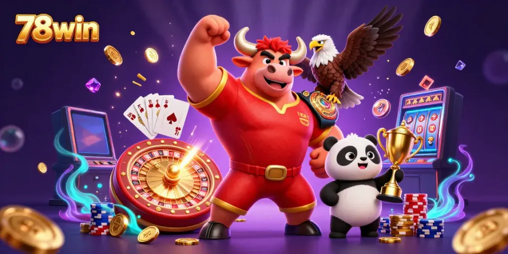 Experience thrilling wins at 78win with a dynamic casino scene featuring cartoon characters and gaming elements.