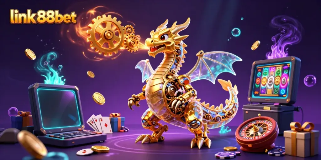 Join the excitement at link 888bet with a golden dragon, slots, and thrilling gaming elements!