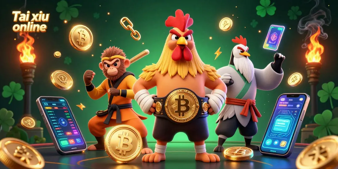 Engage in Tai xiu online with exciting characters amidst neon crypto coins and vibrant effects.