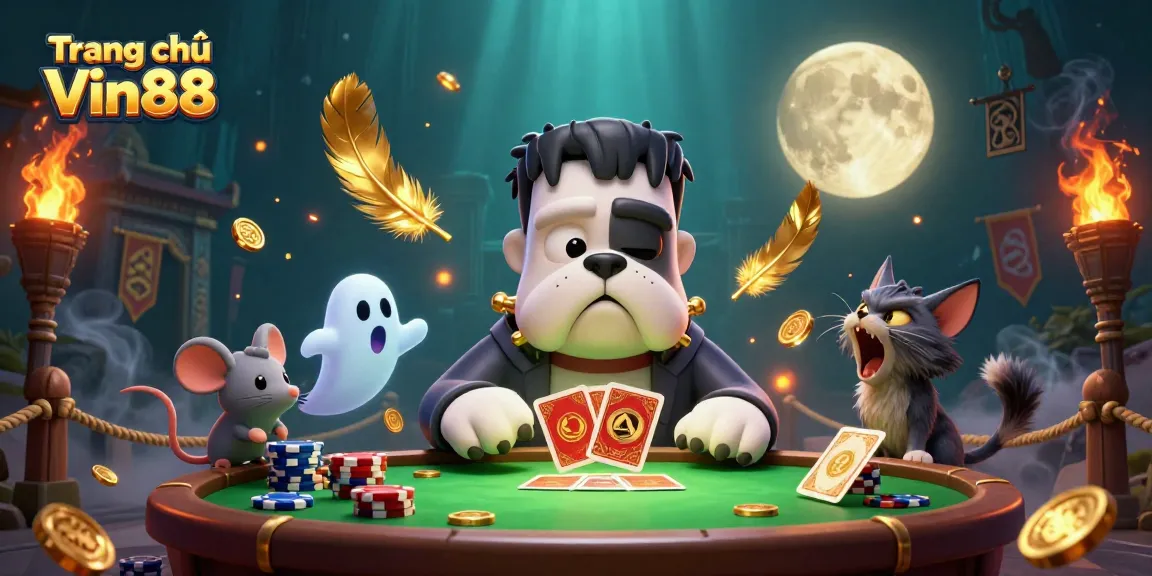 Engage with the thrilling Trang chủ Vin88 experience at a haunted casino table dealing cards with monsters.