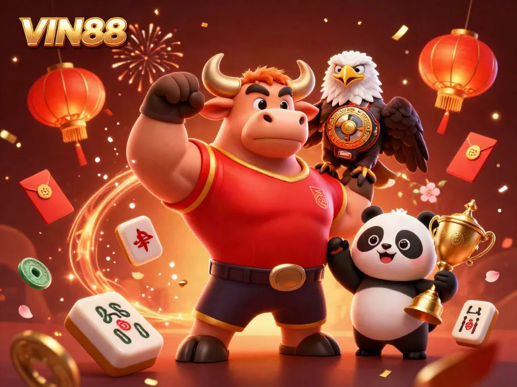 Experience thrilling victories with VIN88's exciting casino scene featuring winning characters and festive elements.