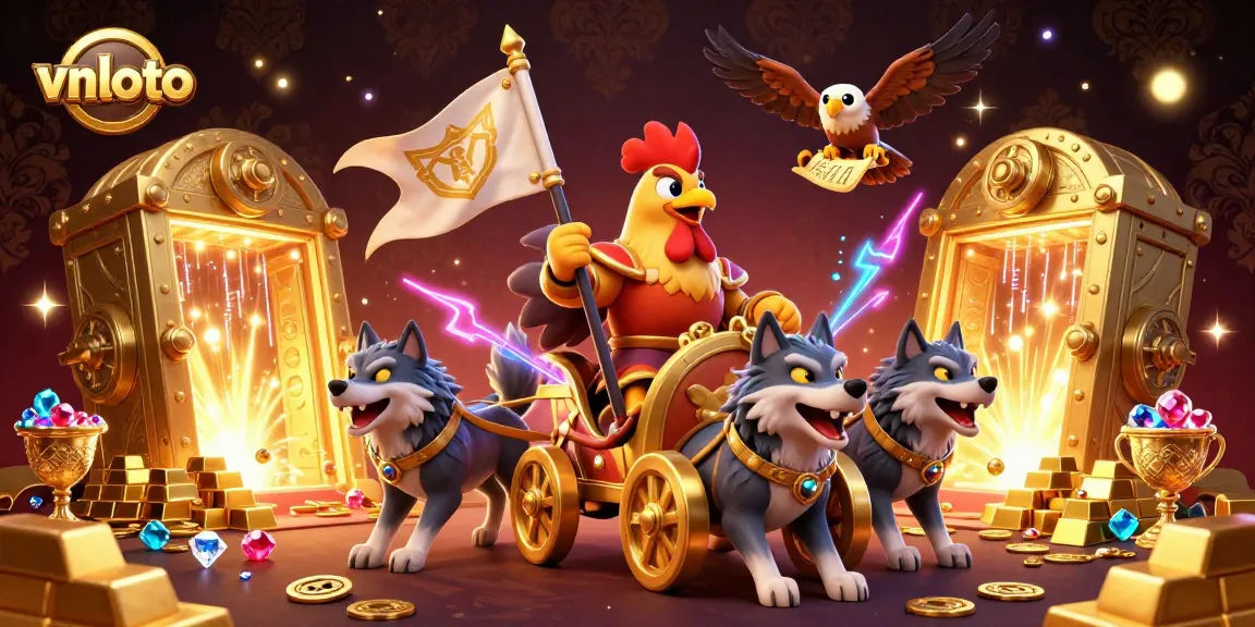 Experience the excitement of vnloto with a 3D illustration of a rooster warlord and treasure in a vibrant casino scene.