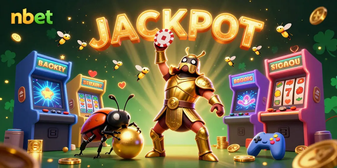 Experience nbet with a vibrant 3D casino scene featuring cartoon beetles celebrating a jackpot.