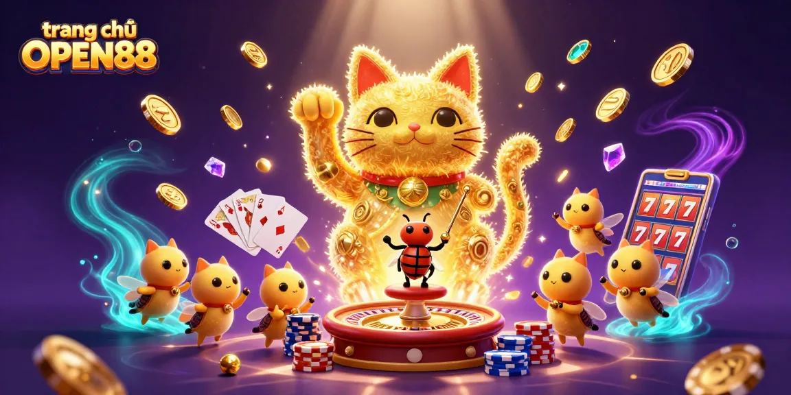 Experience the excitement of trang chủ OPEN88 with a lucky cat and golden fireflies in a vibrant casino scene.