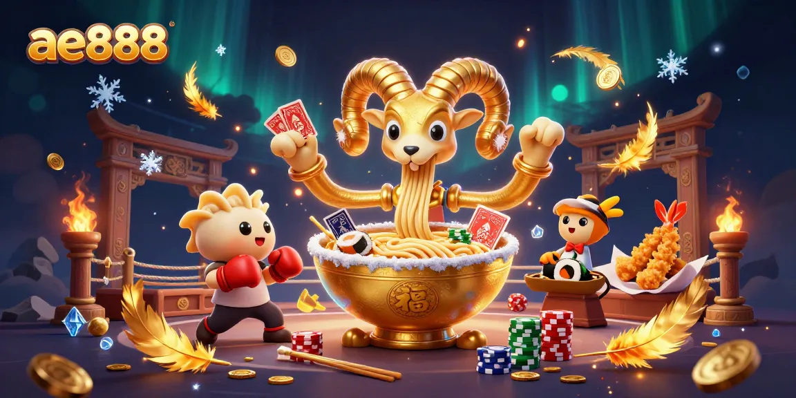 ae888 showcases a dynamic 3D scene with a golden ramen bowl and casino elements for vibrant betting.