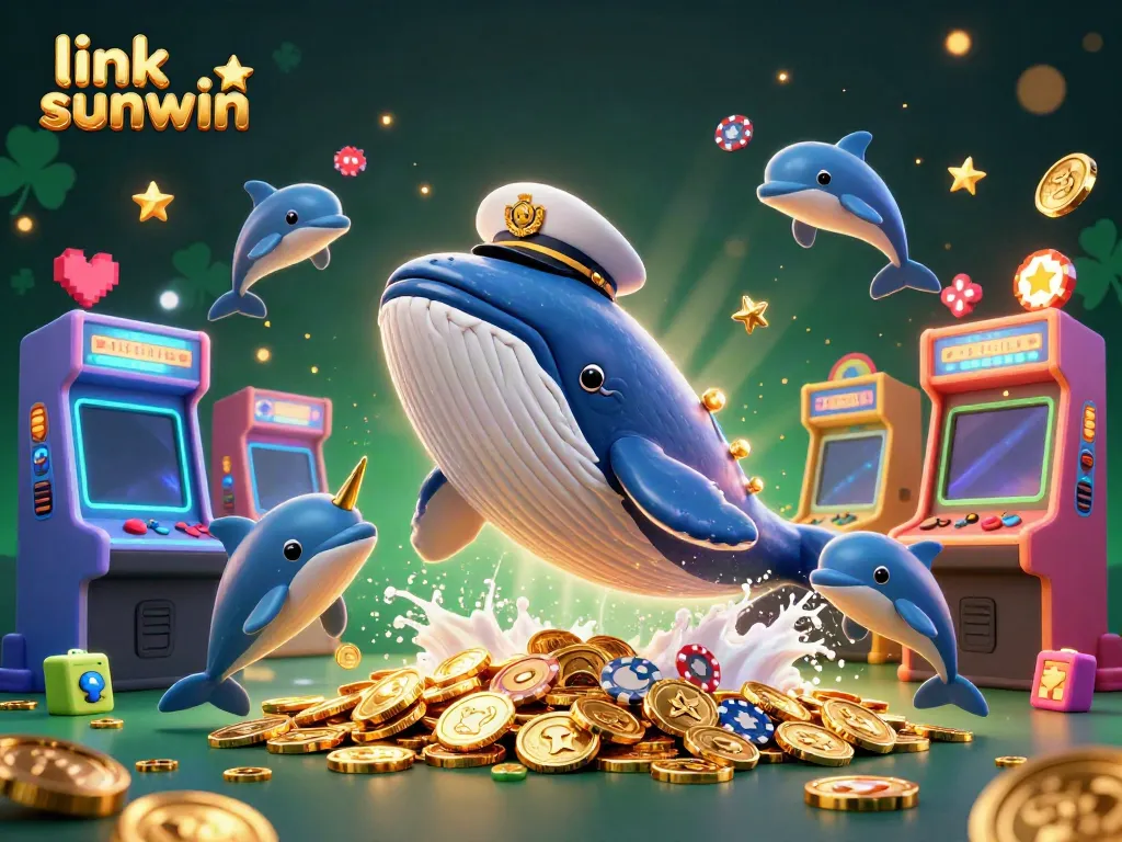 Engage with exciting casino action at link sunwin, featuring a whale, narwhal, and dolphins amidst coins.