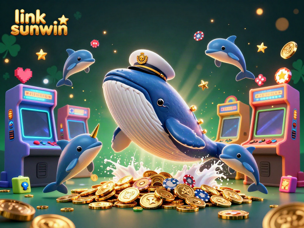 Engage with exciting casino action at link sunwin, featuring a whale, narwhal, and dolphins amidst coins.