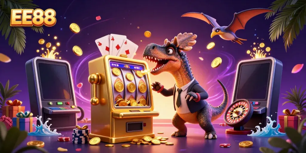 EE88 casino scene with a pachycephalosaurus winning a jackpot while a panicked ankylosaur manages the chaos.