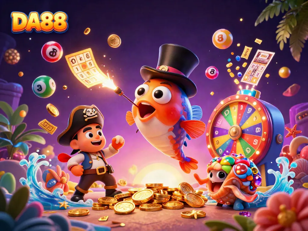 Engage in thrilling DA88 gaming with captivating characters and vibrant lottery elements.