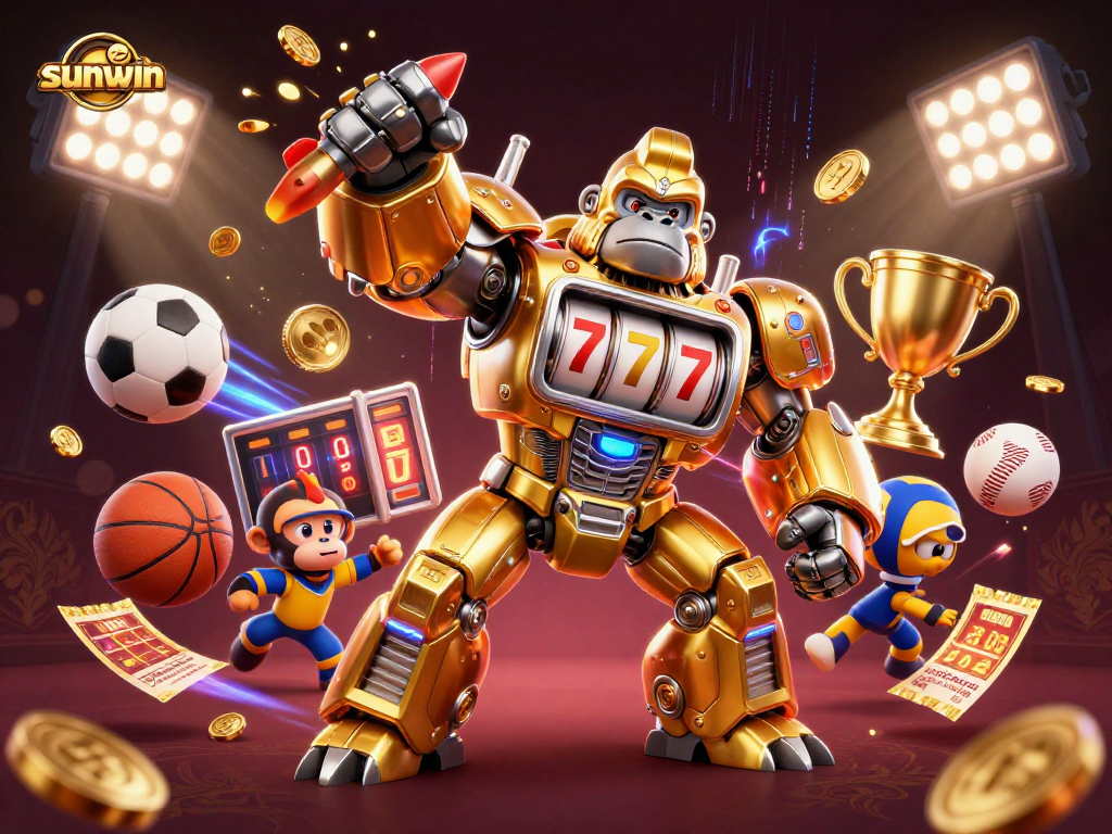 Win big with sunwin as a golden gorilla mech slams upward amidst dynamic sports elements and vibrant energy.