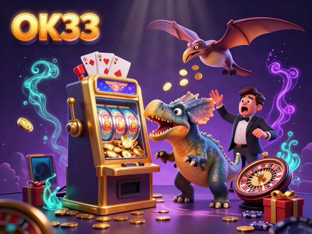 Experience the thrill of OK33 with a cartoon dinosaur triggering a jackpot at a casino.