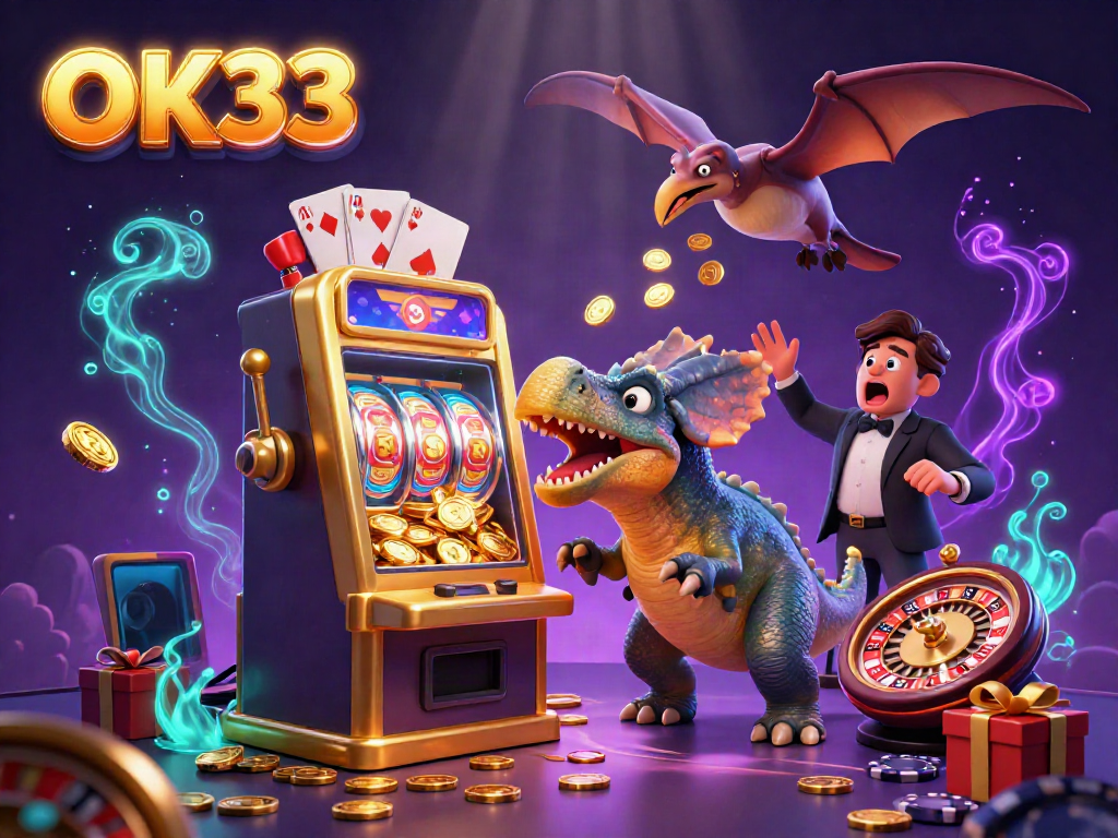 Experience the thrill of OK33 with a cartoon dinosaur triggering a jackpot at a casino.