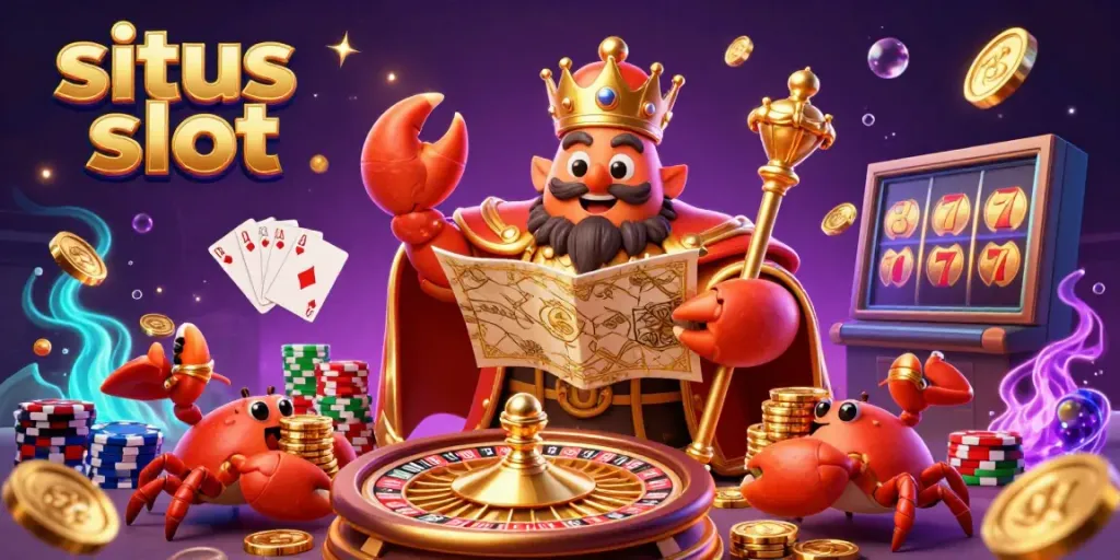 Experience thrilling gameplay at situs slot with a vibrant scene featuring a golden crab emperor and dynamic casino elements.