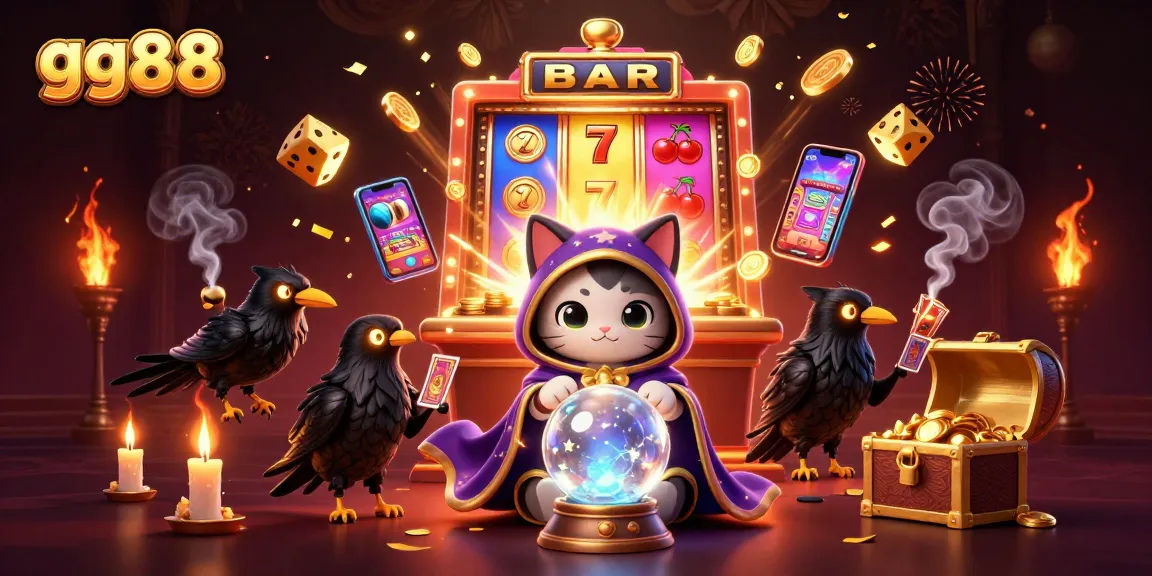 Experience thrilling gameplay at gg88 with a magical illustration of a cat and raven amidst slots and jackpots.