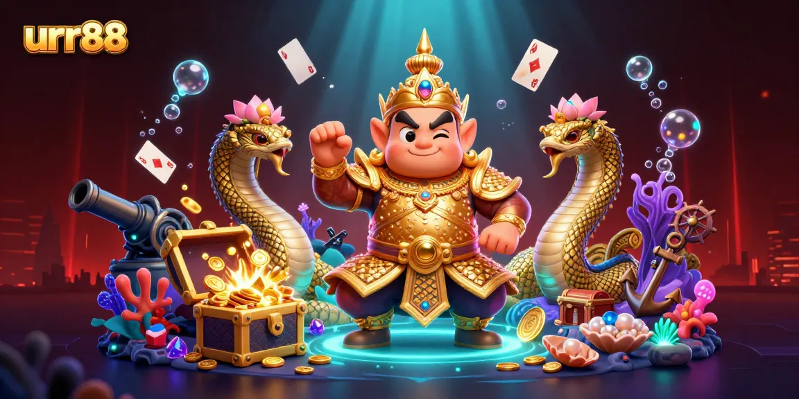 Experience exciting gaming adventures with urr88's vibrant casino illustration featuring thrilling characters and game elements.