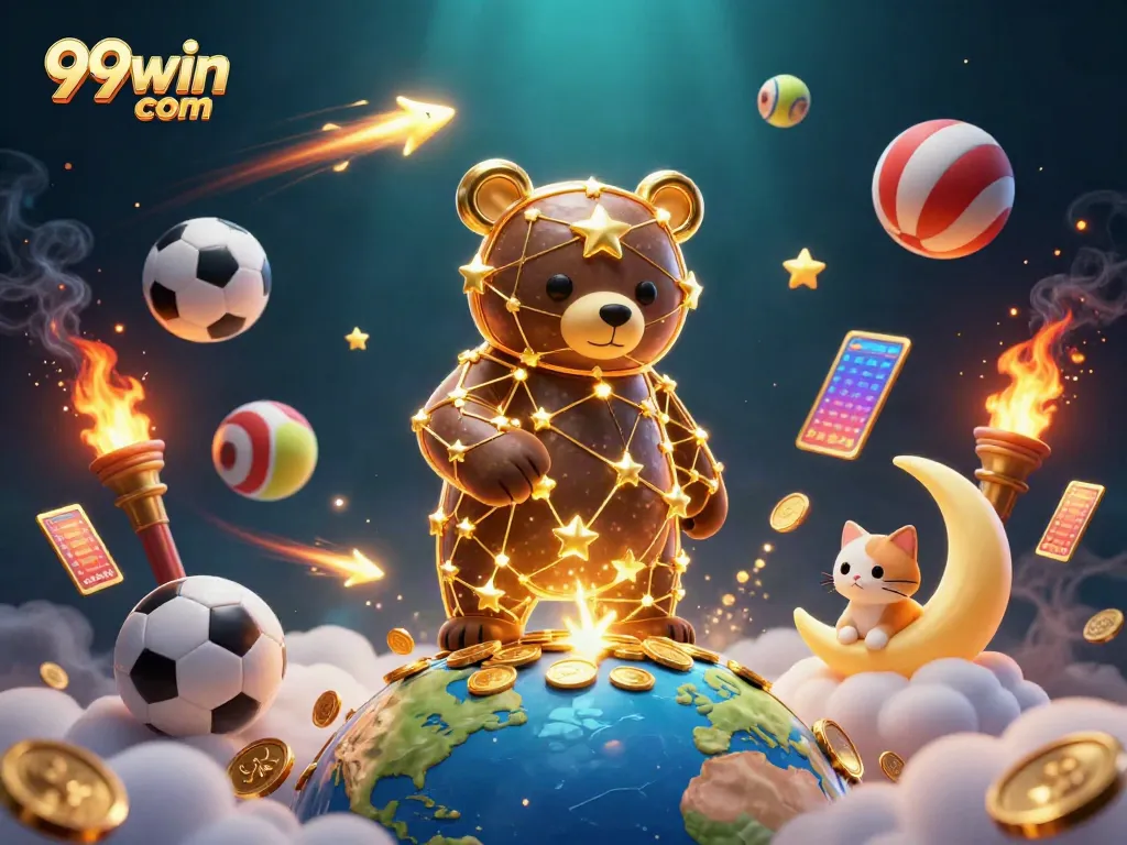 Experience the thrill of gaming on 99win com with a vibrant 3D illustration featuring winning scenes and dynamic elements.
