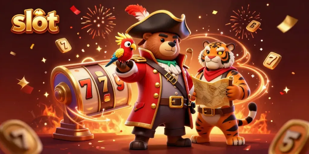 Slot online dengan pemenang beruang bajak laut dan harimau, dikelilingi simbol keberuntungan.
