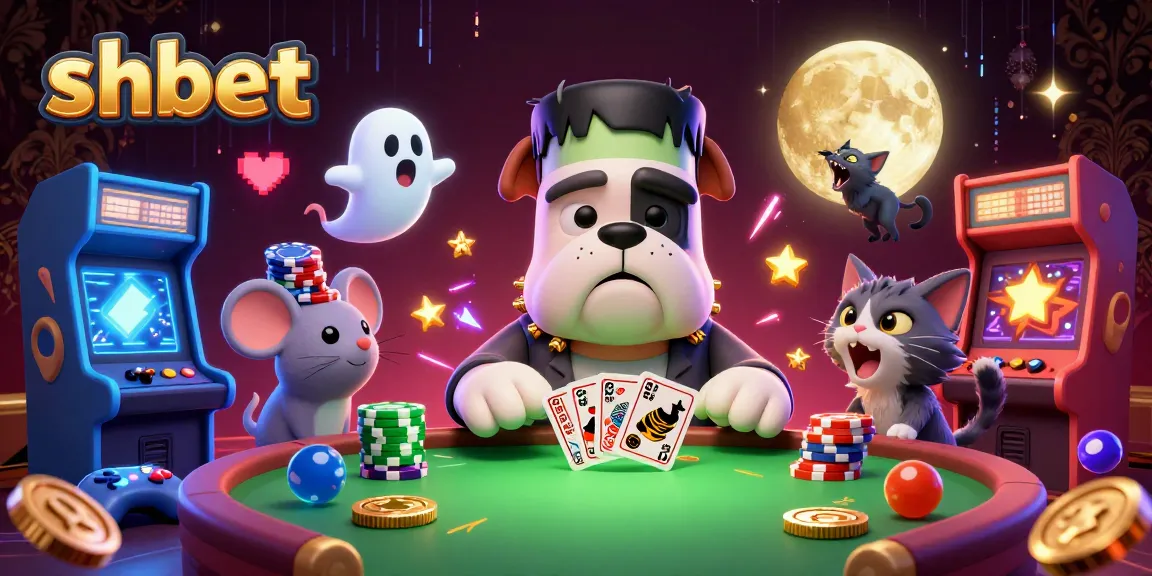 shbet's vibrant scene shows the Frankenstein bulldog dealing cards at a spooky table.