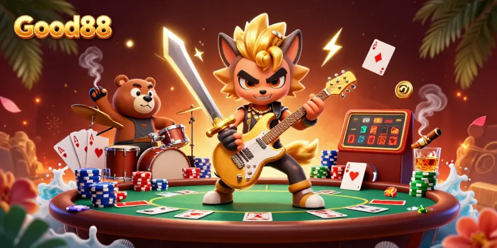 Experience the excitement of Good88 with a vibrant casino scene featuring a rock star wolf and a bear drummer.