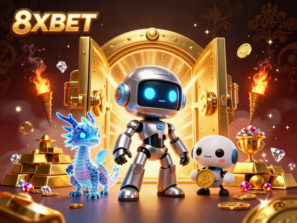 Experience the thrill of 8XBET with captivating robot and AI elements in a dynamic casino scene.