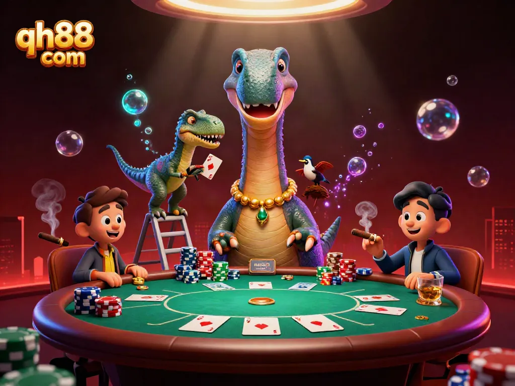 Engage in thrilling poker at qh88 com, where a giant brontosaurus oversees the action, adding excitement to the game.