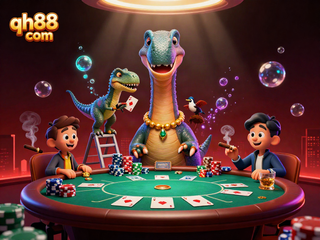 Engage in thrilling poker at qh88 com, where a giant brontosaurus oversees the action, adding excitement to the game.
