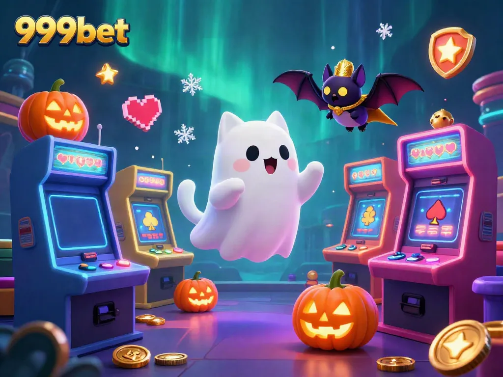 Engage with thrilling 999bet casino games in a mystical, lively scene featuring a floating ghost cat and bat.