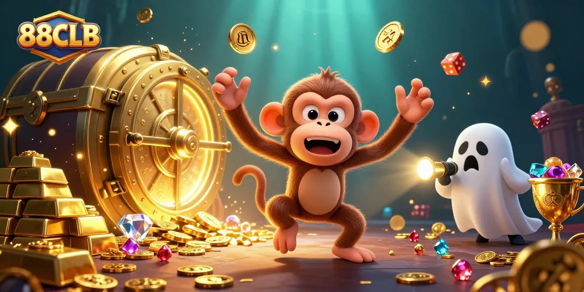 Experience thrilling gaming action at 88CLB with a playful poltergeist monkey and an adventurous puppy in a captivating casino.