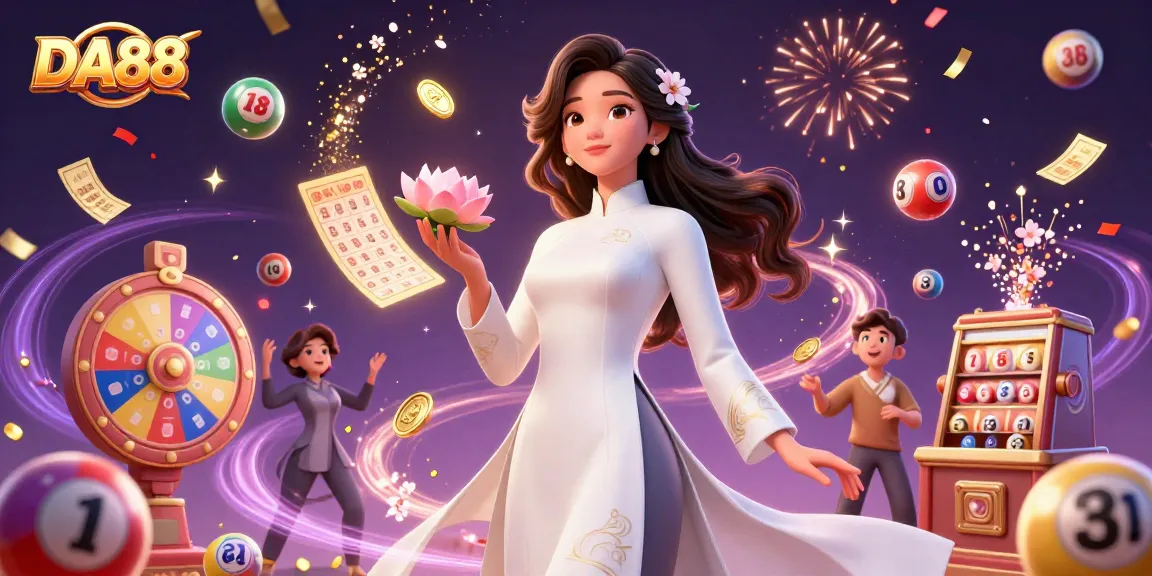 Engage with DA88 as vibrant lottery elements, confetti, and an elegant Asian woman enhance casino excitement.