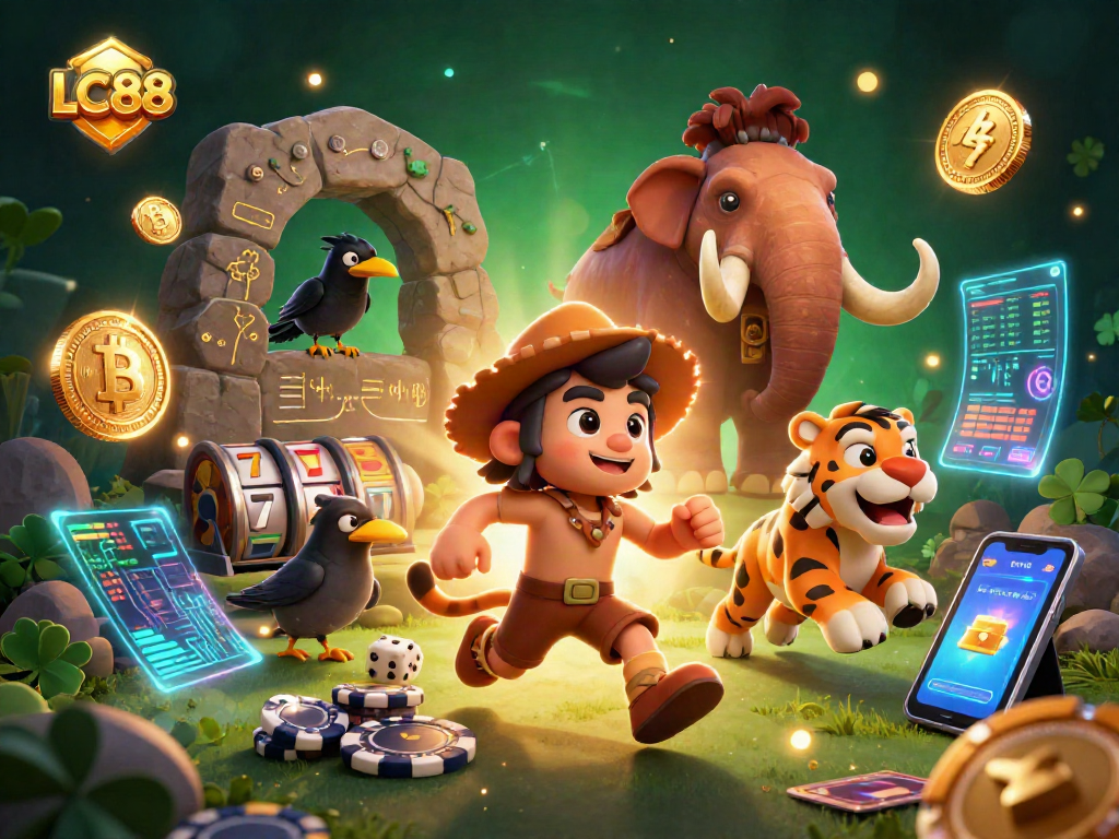 Experience the thrilling gameplay at LC88 with our cartoon caveman duo and their neon-rich casino.